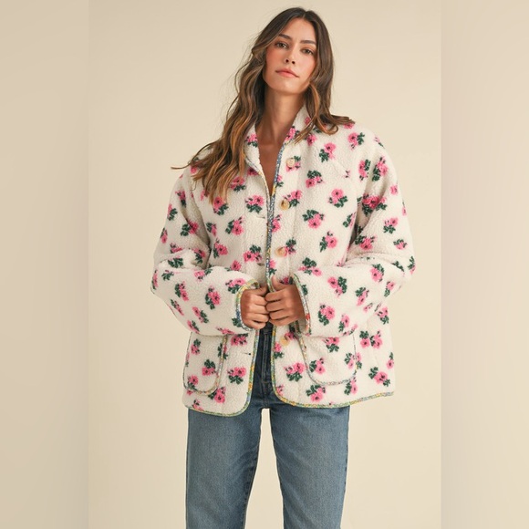 MABLE Jackets & Blazers - MABLE Floral Print Sherpa Jacket in Off White
